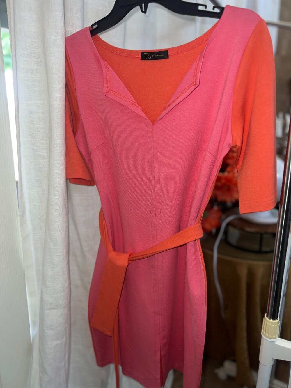 Three Seasons Pink & Orange Colorblock Tie Waist Midi Dress L